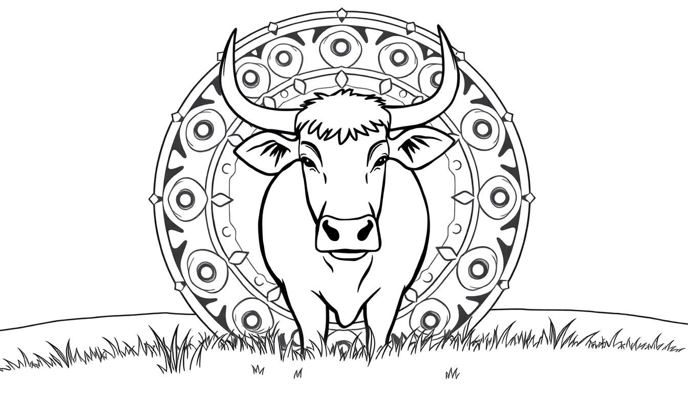 Dessin au trait d'un taureau fort devant un mandala ornemental, sur fond blanc avec de l'herbe en bas.