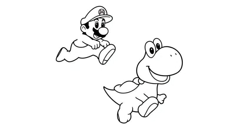 Coloriage de Mario sautant en l'air avec Yoshi courant à ses côtés, style dessin animé simple.
