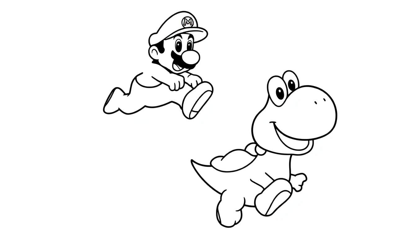 Coloriage de Mario sautant en l'air avec Yoshi courant à ses côtés, style dessin animé simple.