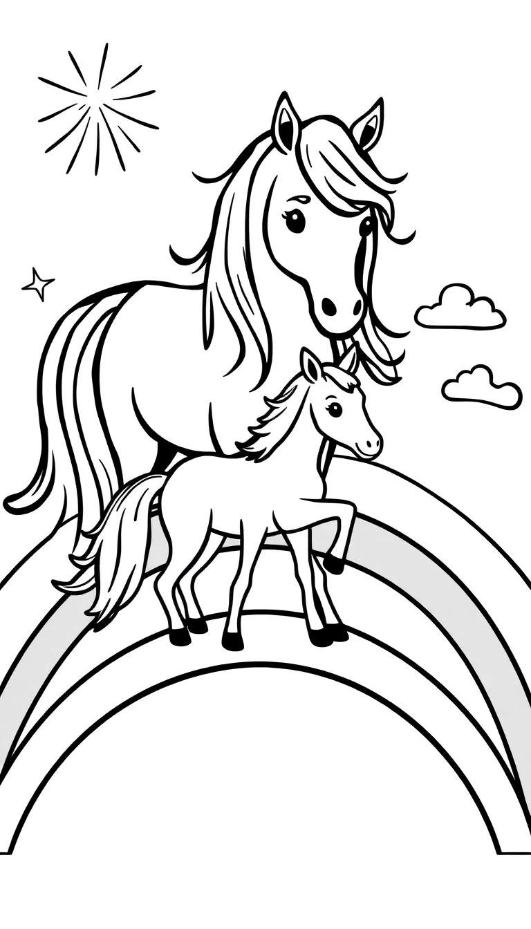 Dessin au trait noir et blanc d'une mère et son poulain sur un arc-en-ciel, avec des nuages et un soleil.