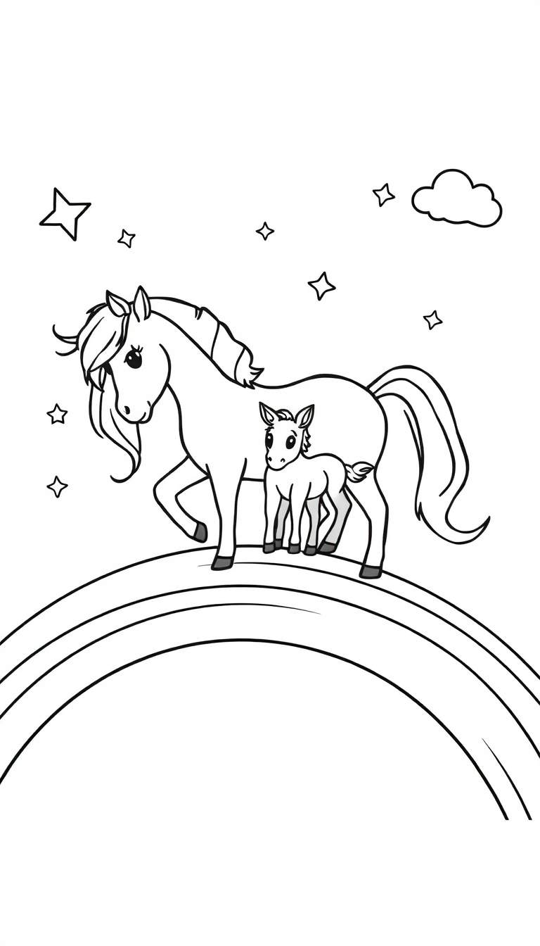 Coloriage d'une jument et son poulain galopant sur un arc-en-ciel, entourés d'étoiles et d'un nuage.