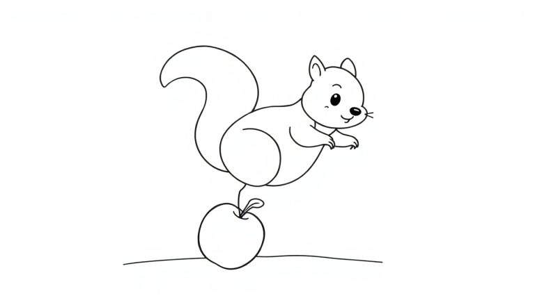 Coloriage d'un petit écureuil mignon debout sur une pomme.