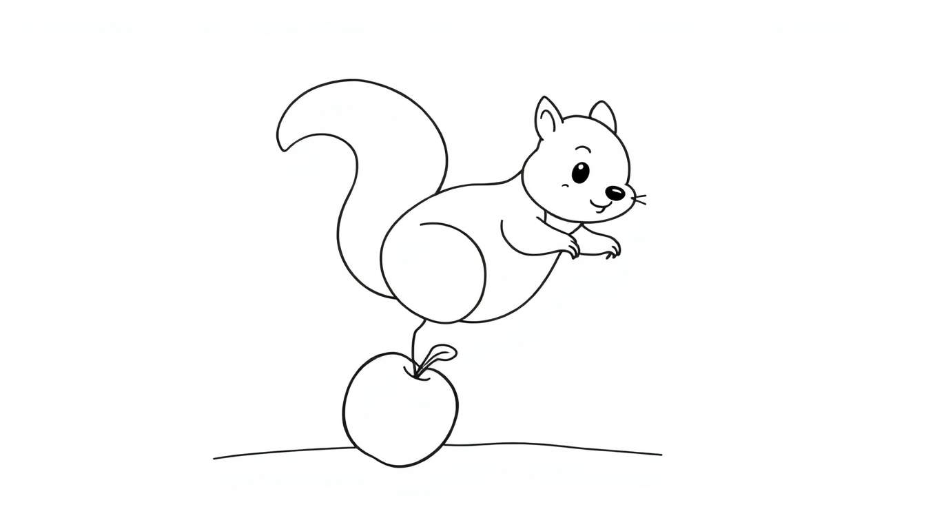 Coloriage d'un petit écureuil mignon debout sur une pomme.