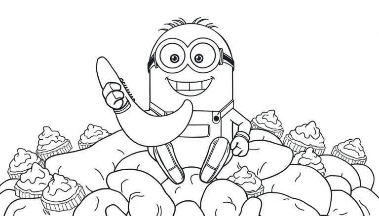 Coloriage d'un Minion souriant avec une banane et des cupcakes.