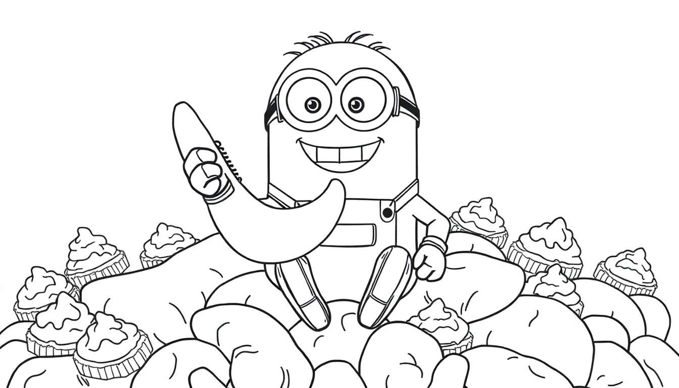 Coloriage d'un Minion souriant avec une banane et des cupcakes.