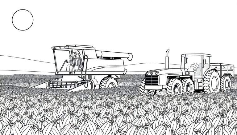 Coloriage d'une moissonneuse-batteuse en action dans un champ de courges, avec un fermier au volant. Un tracteur avec une remorque attend à proximité. Le ciel présente un cercle vide.