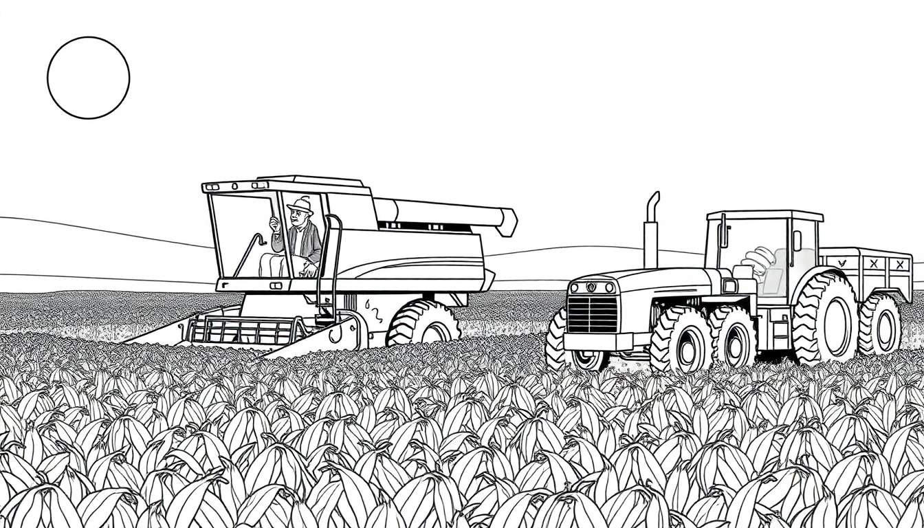 Coloriage d'une moissonneuse-batteuse en action dans un champ de courges, avec un fermier au volant. Un tracteur avec une remorque attend à proximité. Le ciel présente un cercle vide.