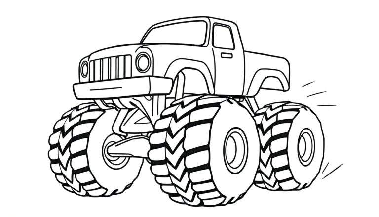 Dessin au trait d'un monster truck cartoon, prêt à être colorié.
