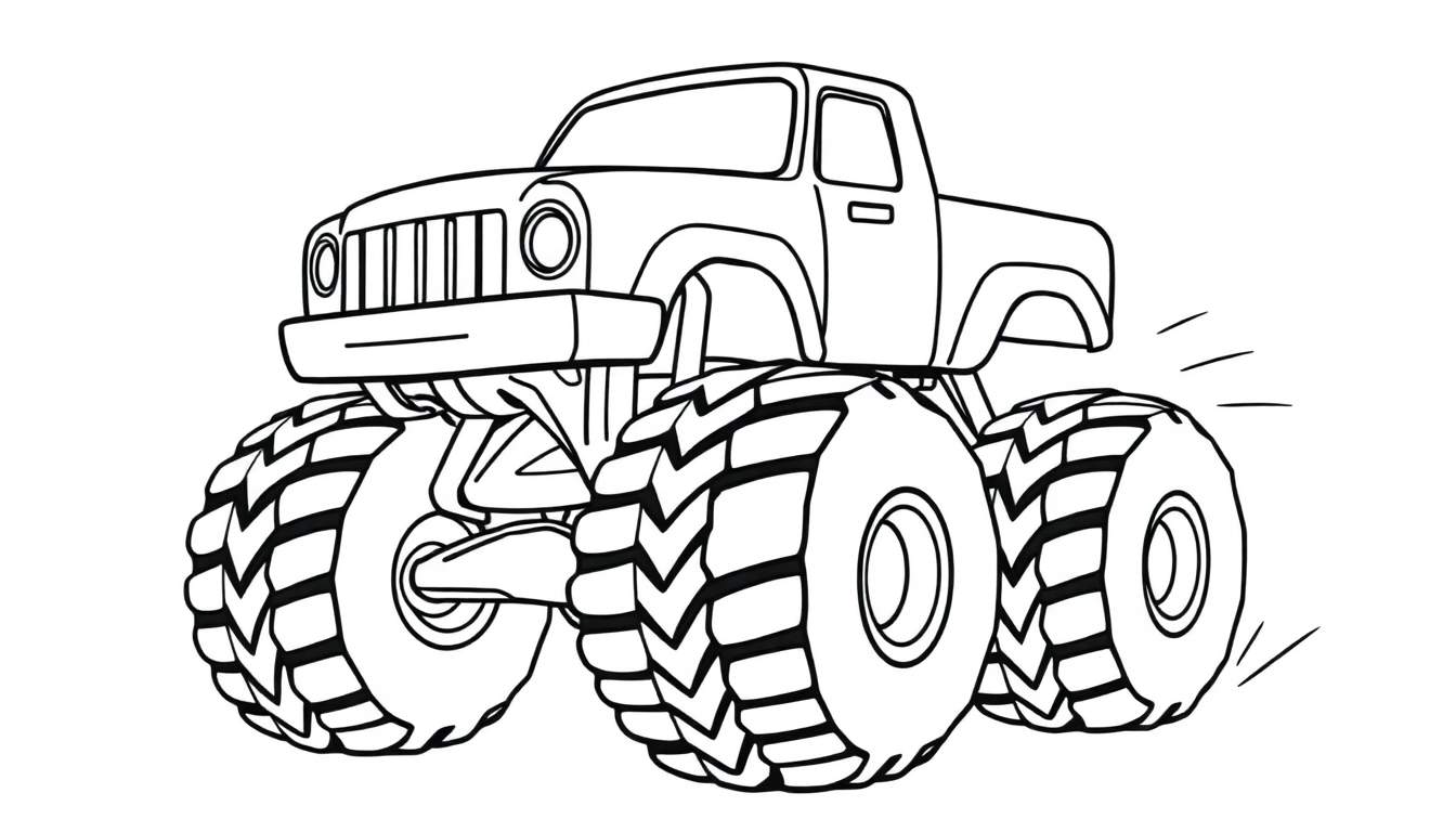 Dessin au trait d'un monster truck cartoon, prêt à être colorié.