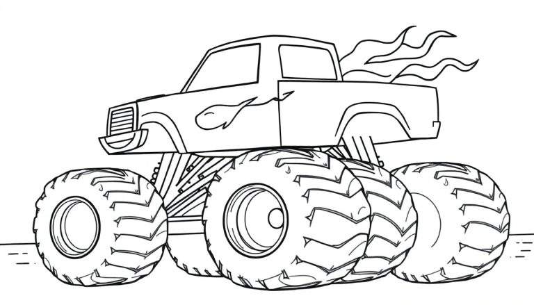 Coloriage d'un monster truck de dessin animé avec d'énormes pneus et des flammes.