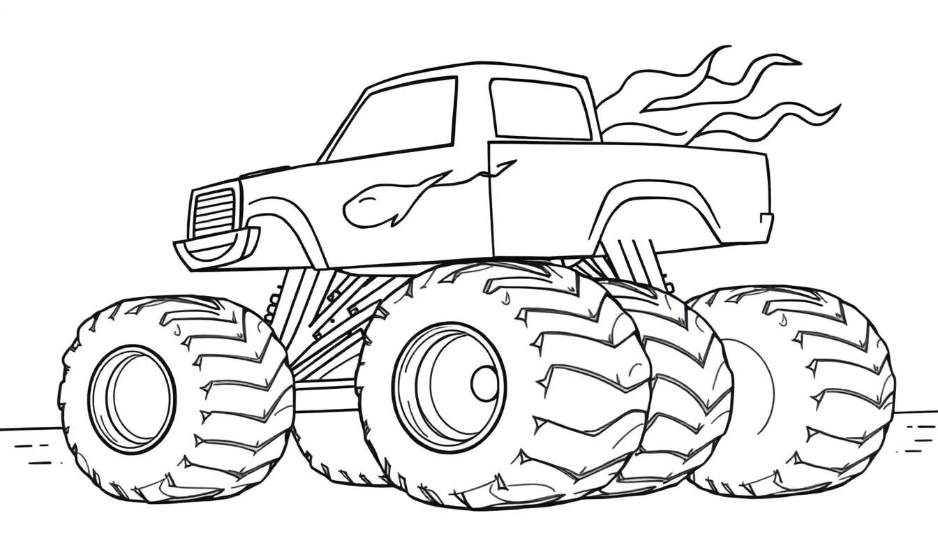 Coloriage d'un monster truck de dessin animé avec d'énormes pneus et des flammes.