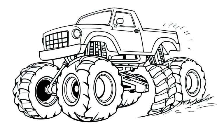 Dessin au trait d'un monster truck prêt à être colorié, avec de grosses roues et un corps de camion.