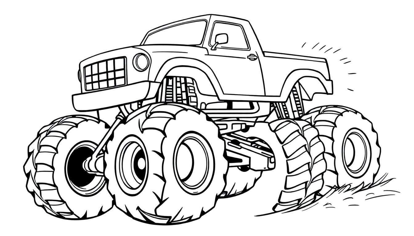 Dessin au trait d'un monster truck prêt à être colorié, avec de grosses roues et un corps de camion.
