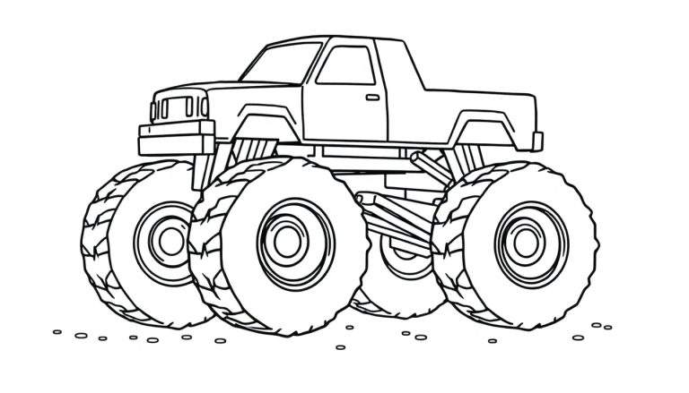 Dessin au trait d'un monster truck avec de grosses roues, prêt à être colorié.
