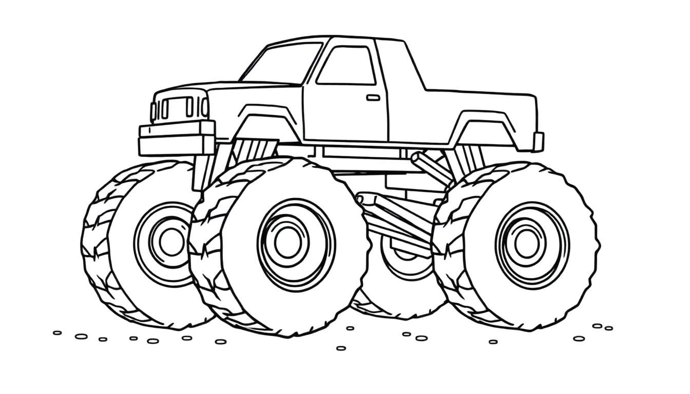 Dessin au trait d'un monster truck avec de grosses roues, prêt à être colorié.