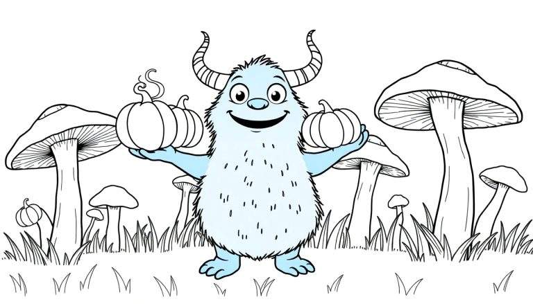 Dessin au trait d'un monstre bleu poilu avec des cornes tenant trois citrouilles, entouré de grands champignons et d'herbe.