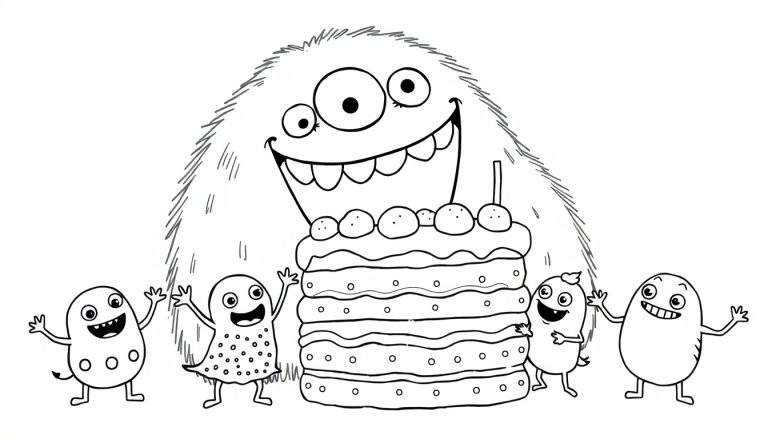 Coloriage noir et blanc d'un grand monstre à trois yeux souriant devant un gâteau d'anniversaire à plusieurs étages, entouré de quatre petits monstres joyeux.