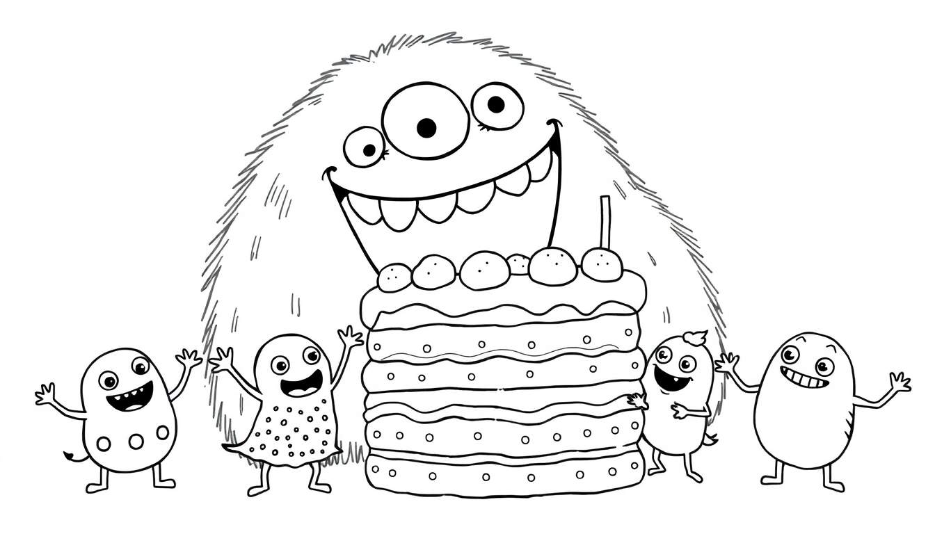 Coloriage noir et blanc d'un grand monstre à trois yeux souriant devant un gâteau d'anniversaire à plusieurs étages, entouré de quatre petits monstres joyeux.