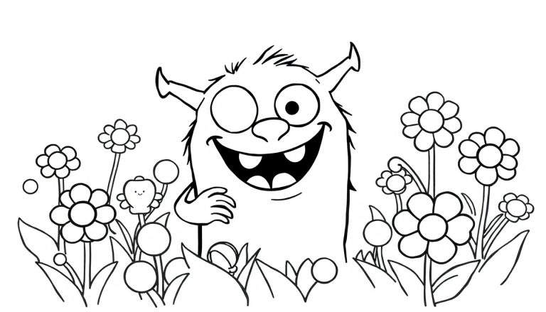 Coloriage d'un monstre souriant et amical au milieu de fleurs.