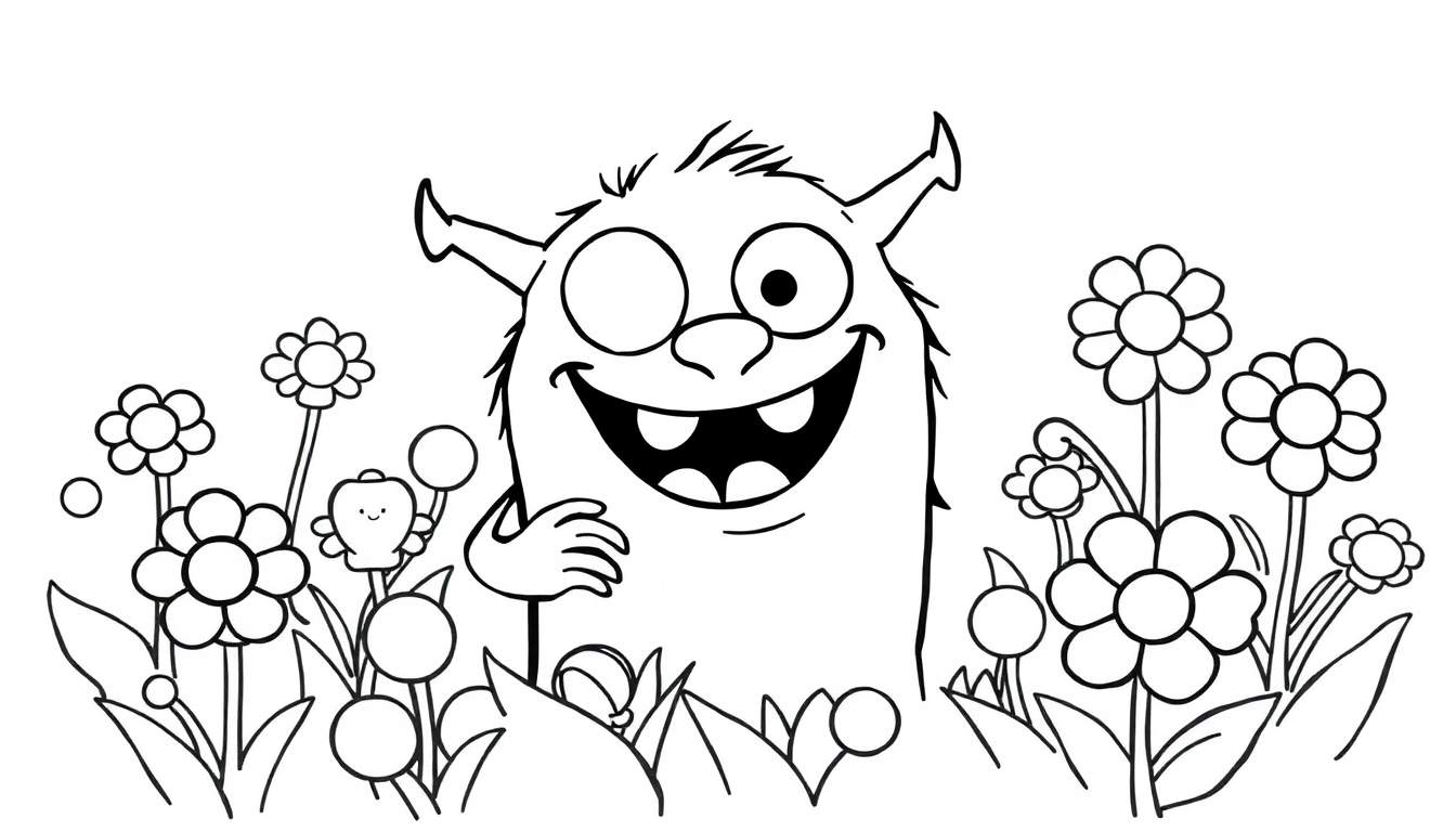 Coloriage d'un monstre souriant et amical au milieu de fleurs.