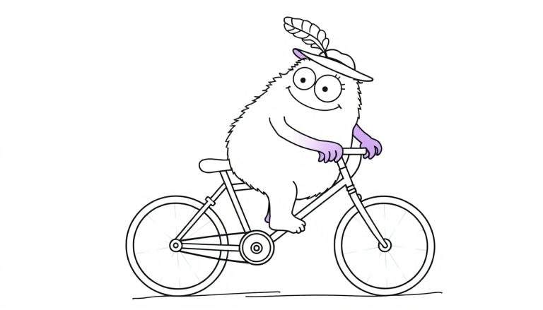 Coloriage d'un monstre blanc à poils longs faisant du vélo, portant un chapeau orné d'une plume.