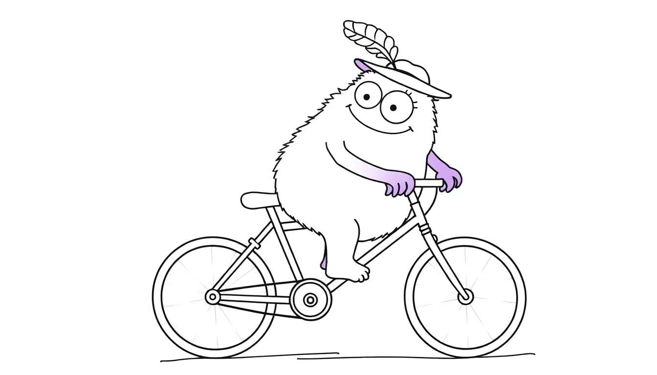 Coloriage d'un monstre blanc à poils longs faisant du vélo, portant un chapeau orné d'une plume.
