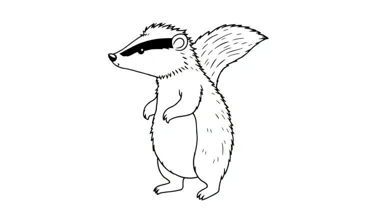 Dessin au trait d'une mouffette de dessin animé se tenant debout, profil gauche, fond blanc