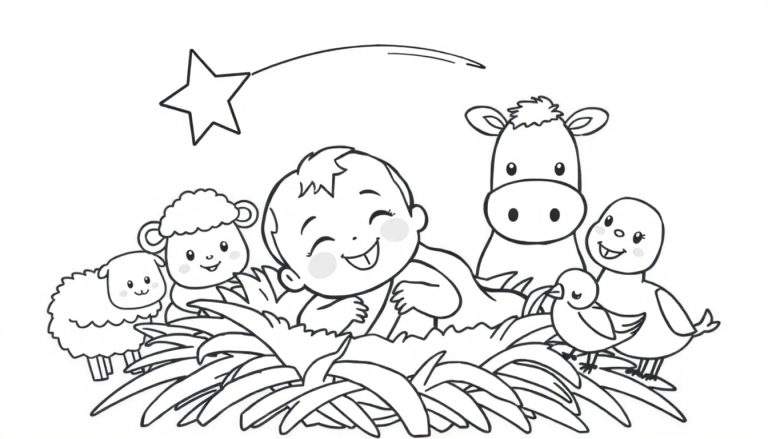 Coloriage d'une scène de la Nativité avec des animaux regardant un bébé dans une mangeoire.