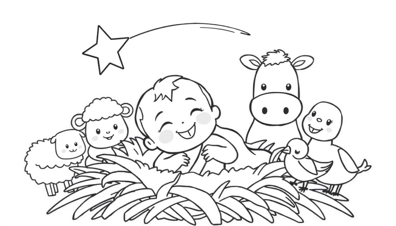 Coloriage d'une scène de la Nativité avec des animaux regardant un bébé dans une mangeoire.