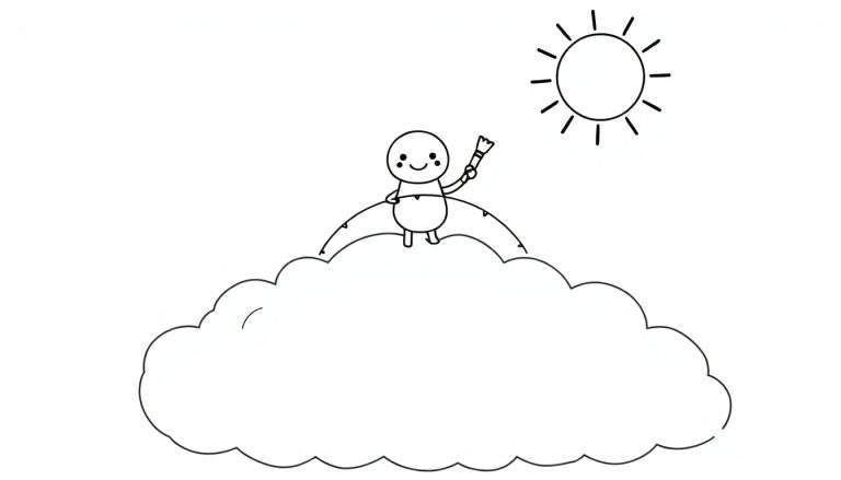 Coloriage d'une petite créature tenant un pinceau sur un nuage, avec un soleil au-dessus.