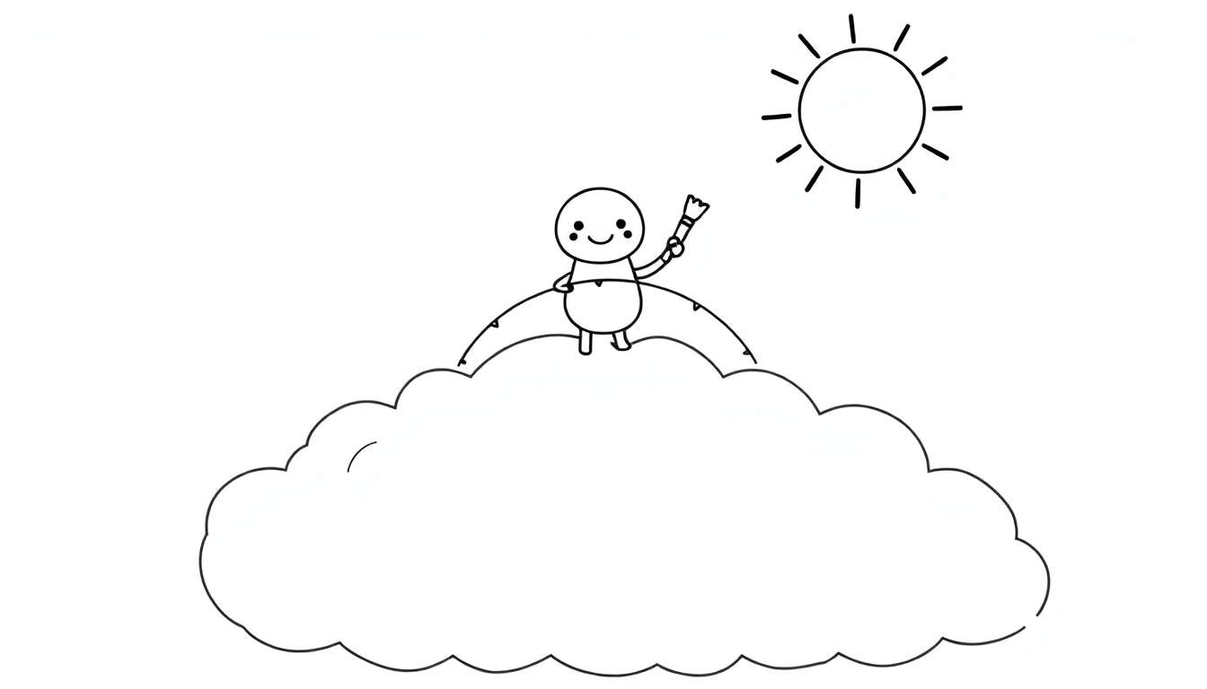 Coloriage d'une petite créature tenant un pinceau sur un nuage, avec un soleil au-dessus.