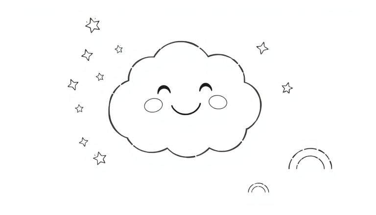 Coloriage d'un nuage souriant avec des étoiles et des arcs-en-ciel
