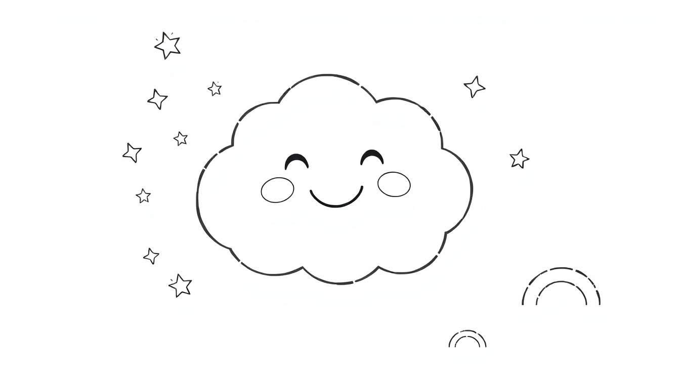 Coloriage d'un nuage souriant avec des étoiles et des arcs-en-ciel