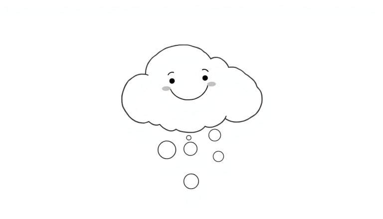 Dessin au trait d'un nuage souriant avec des gouttes de pluie, coloriage pour enfants