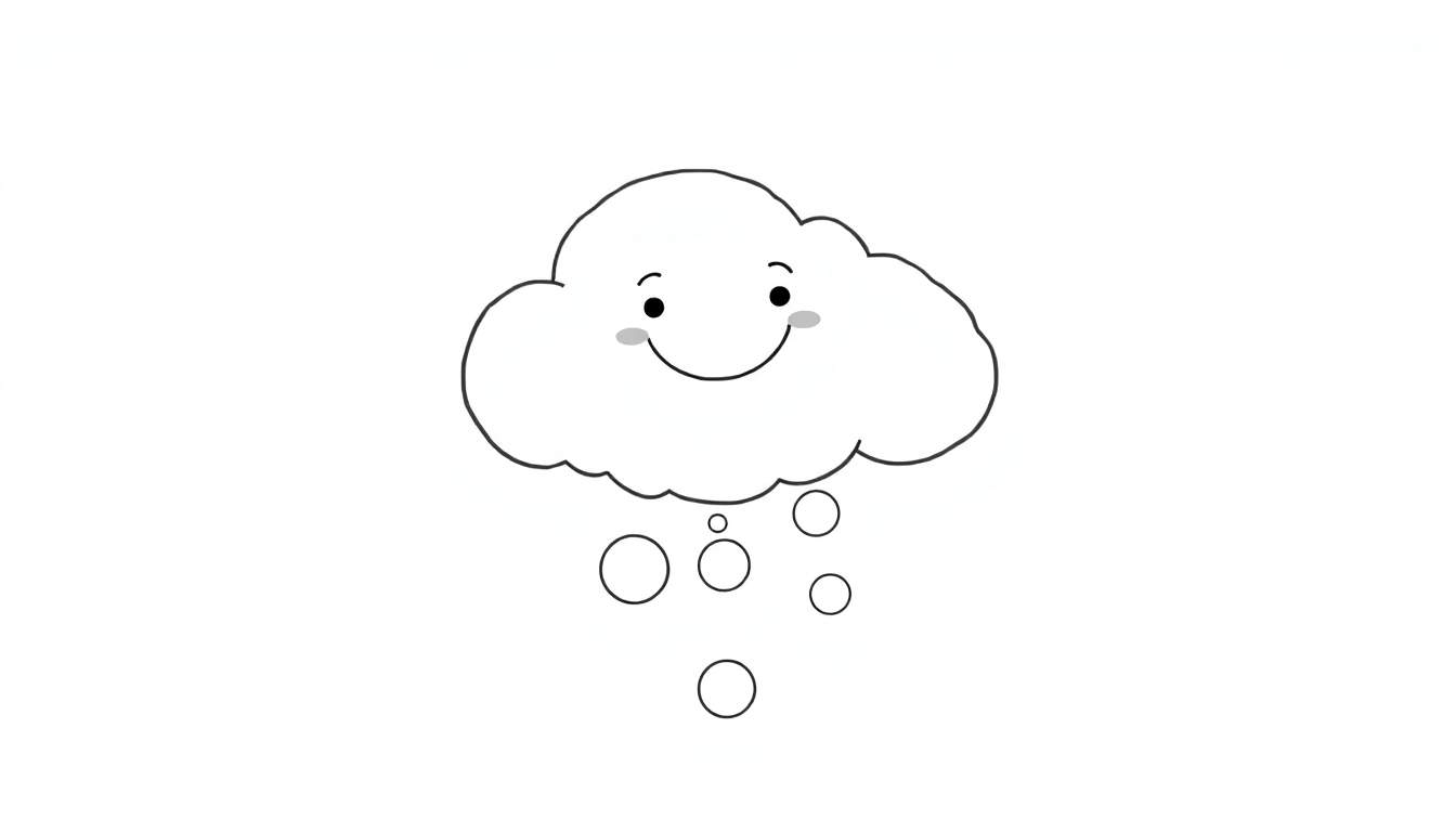 Dessin au trait d'un nuage souriant avec des gouttes de pluie, coloriage pour enfants