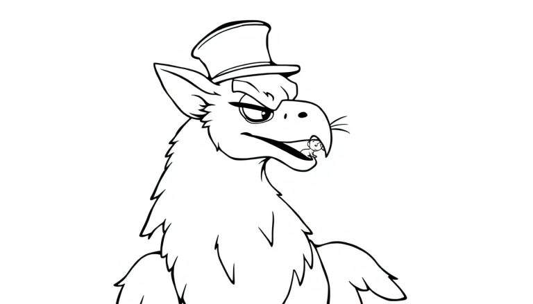 Dessin au trait noir et blanc d'un oiseau anthropomorphique avec un chapeau haut de forme et une petite figurine humaine dans la bouche.