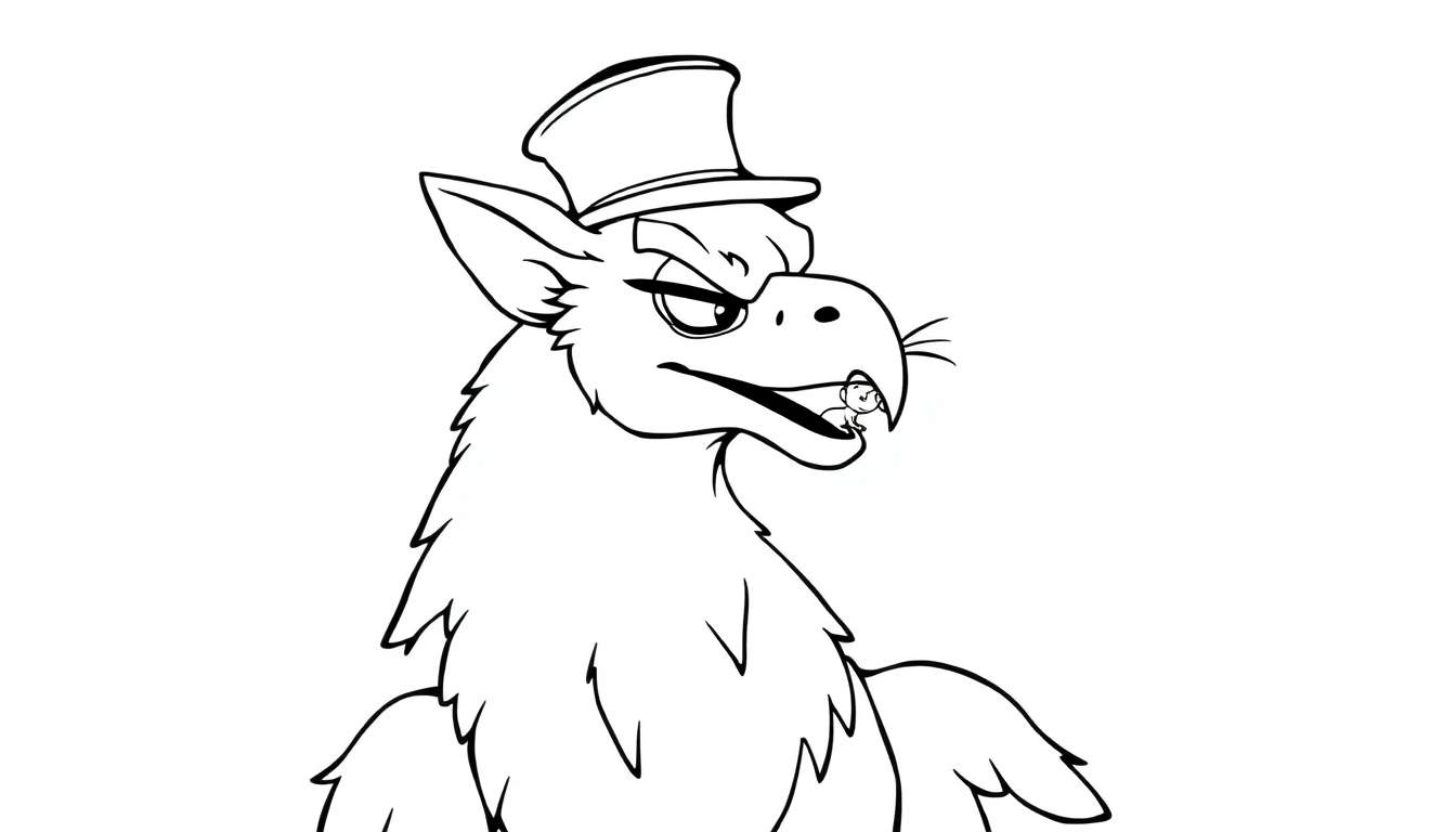 Dessin au trait noir et blanc d'un oiseau anthropomorphique avec un chapeau haut de forme et une petite figurine humaine dans la bouche.