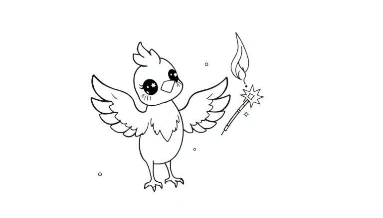 Dessin noir et blanc d'un petit oiseau mignon avec une baguette magique, prêt à être coloré.