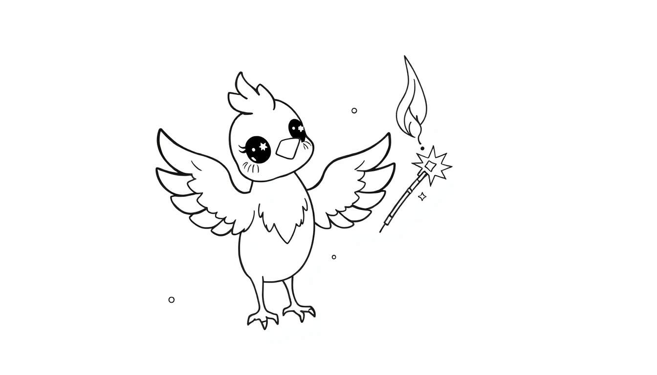 Dessin noir et blanc d'un petit oiseau mignon avec une baguette magique, prêt à être coloré.