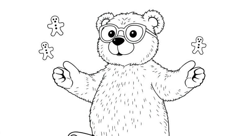 Dessin au trait d'un ours portant des lunettes rondes, tentant d'attraper trois biscuits de pain d'épice flottant autour de lui.