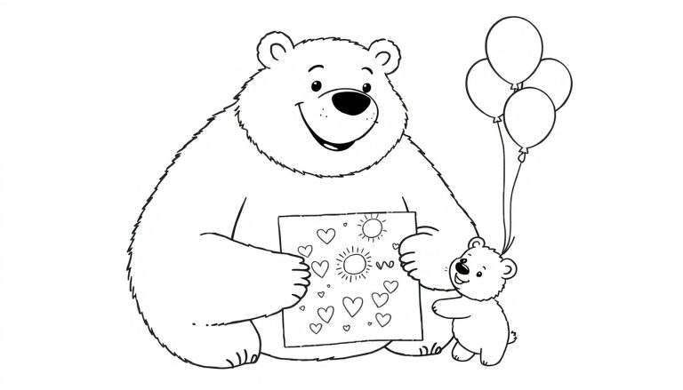 Coloriage d'un grand ours blanc et d'un petit ours blanc se tenant près d'une feuille avec des cœurs et des soleils, avec des ballons au-dessus.