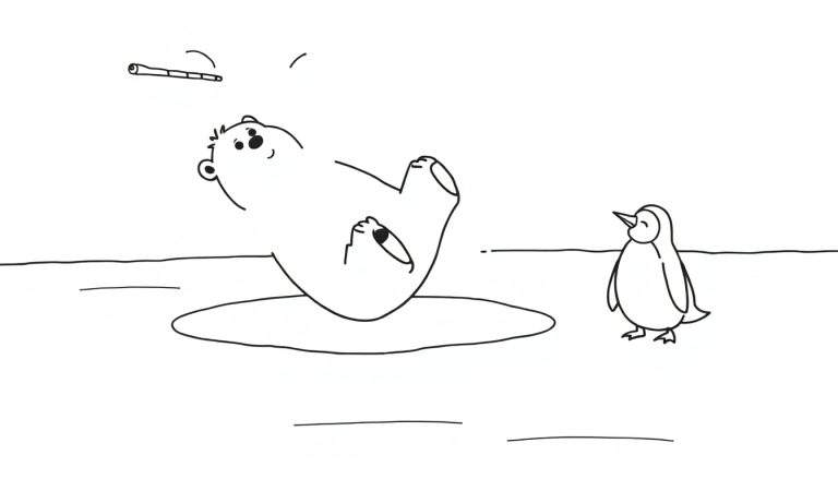 Coloriage d'un ours blanc faisant le fou sur le dos sur la glace, avec un manchot debout à côté et un bâtonnet tombant du ciel.