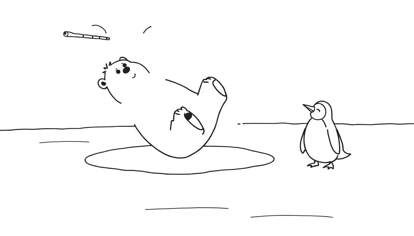 Coloriage d'un ours blanc faisant le fou sur le dos sur la glace, avec un manchot debout à côté et un bâtonnet tombant du ciel.