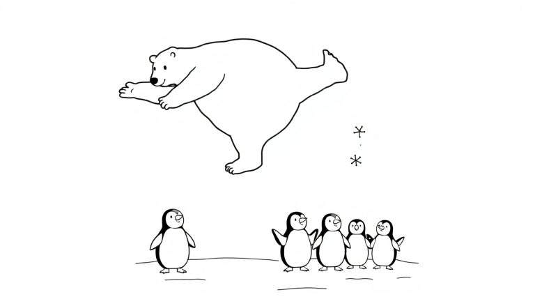 Coloriage d'un ours blanc en plein mouvement de patinage artistique, avec une patte levée et une autre tendue. Deux flocons de neige stylisés flottent au-dessus. Cinq pingouins sont regroupés en bas, observant l'ours avec admiration.