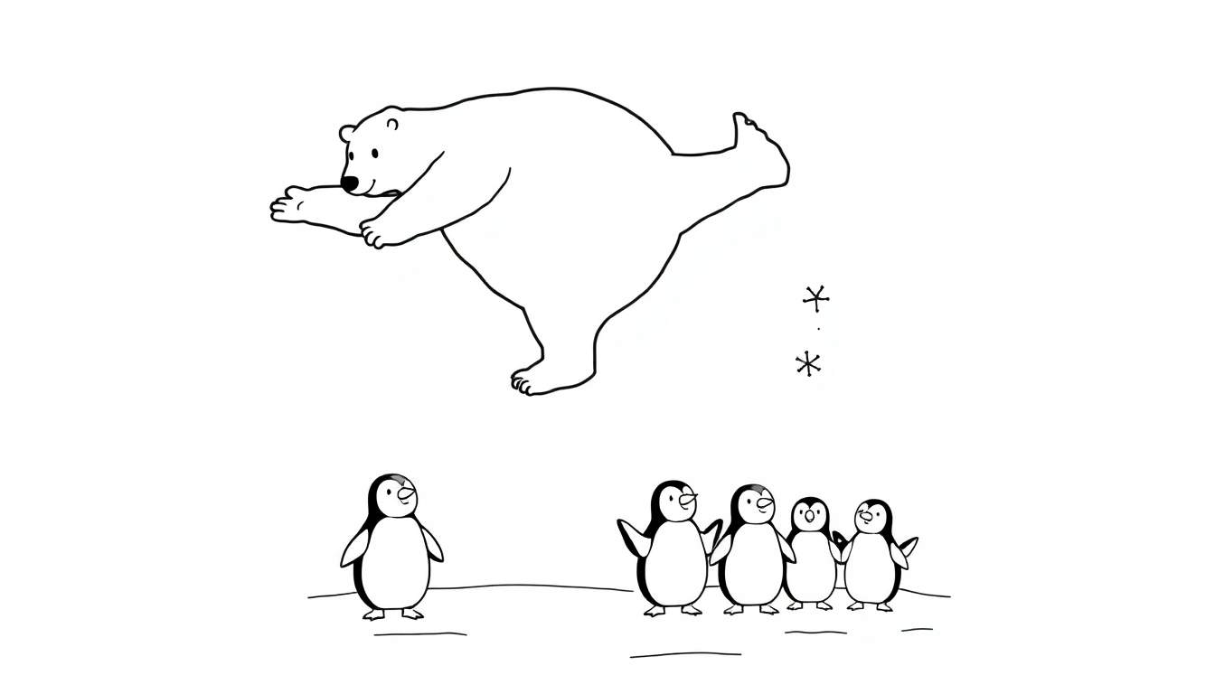 Coloriage d'un ours blanc en plein mouvement de patinage artistique, avec une patte levée et une autre tendue. Deux flocons de neige stylisés flottent au-dessus. Cinq pingouins sont regroupés en bas, observant l'ours avec admiration.
