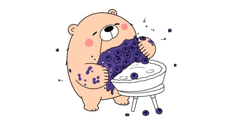 Coloriage d'un ours en dessin animé beige clair, aux joues roses et au nez noir, mangeant avec enthousiasme une tarte ou un grand plat de myrtilles violets. Des éclaboussures de myrtilles sont présentes sur l'ours et le fond blanc.