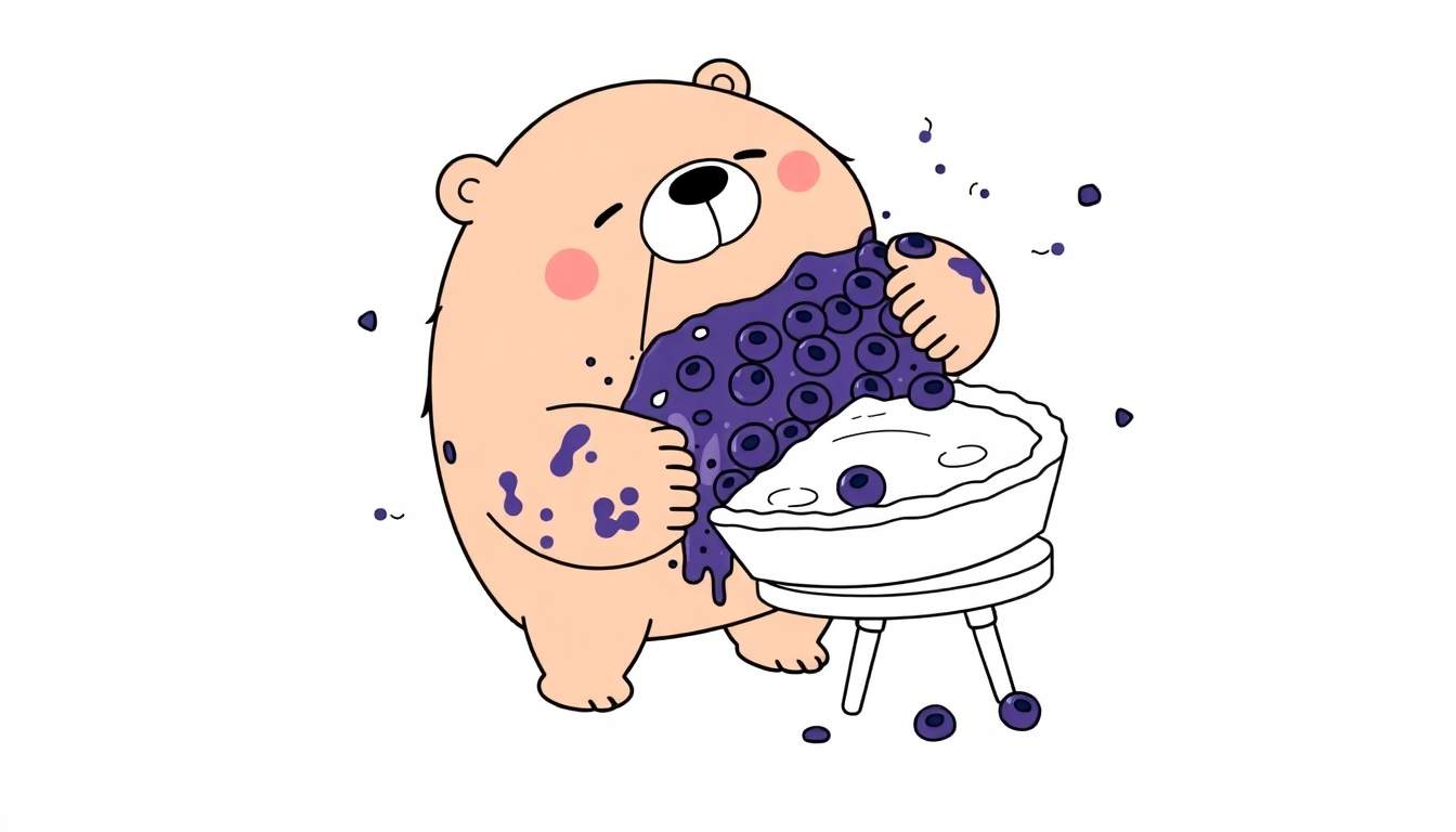 Coloriage d'un ours en dessin animé beige clair, aux joues roses et au nez noir, mangeant avec enthousiasme une tarte ou un grand plat de myrtilles violets. Des éclaboussures de myrtilles sont présentes sur l'ours et le fond blanc.