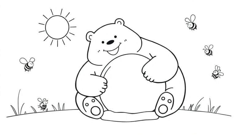 Dessin à colorier d'un ours joyeux assis dans l'herbe tenant son ventre rond, avec un soleil rayonnant et des abeilles dans le ciel.