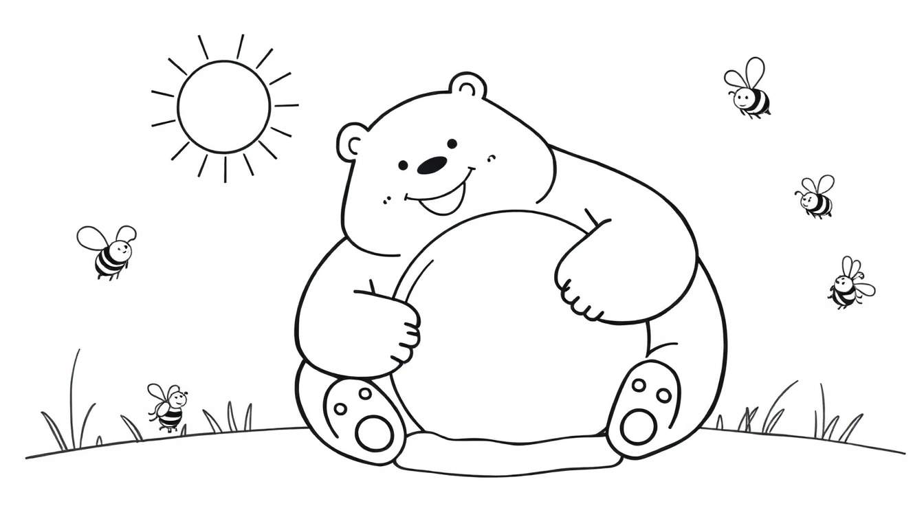 Dessin à colorier d'un ours joyeux assis dans l'herbe tenant son ventre rond, avec un soleil rayonnant et des abeilles dans le ciel.