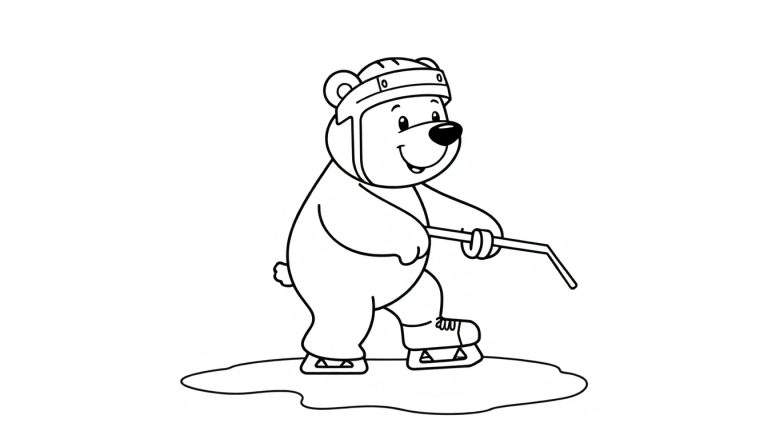 Coloriage d'un ours de dessin animé en noir et blanc avec un casque de hockey et des patins à glace, tenant un bâton de hockey.